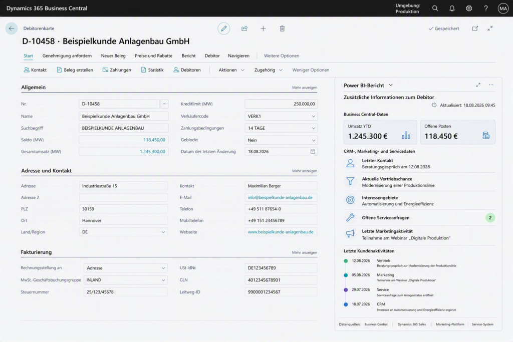 Beispielhafte Business Central-Debitorenkarte mit einem eingebetteten Power-BI-Report zum ausgewählten Kunden sowie Daten aus CRM, Marketing und Service.